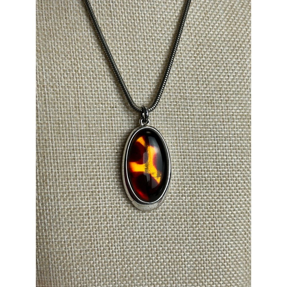 Monet Silver Tone Faux Amber Resin Oval Pendant Snake Chain Necklace
